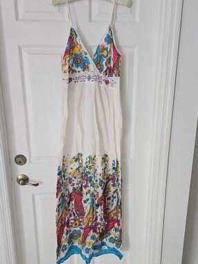 White Floral Print Bohemian Maxi Dress with Bright Multicolor Accents
